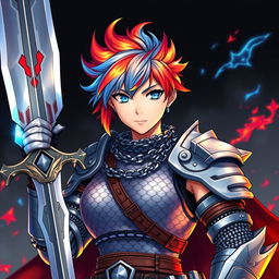 An agender human fighter with striking short hair featuring flames of fire red and icy blue hues, brandishing an enormous buster sword held high to portray strength and courage