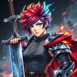 An agender human fighter with striking short hair featuring flames of fire red and icy blue hues, brandishing an enormous buster sword held high to portray strength and courage