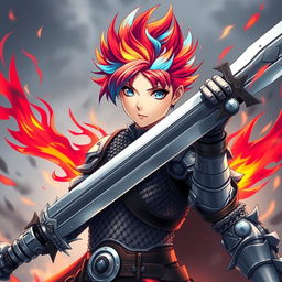 An agender human fighter with striking short hair featuring flames of fire red and icy blue hues, brandishing an enormous buster sword held high to portray strength and courage