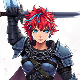 An agender human fighter with striking short hair that is a vibrant blend of fire red and ice blue, wielding an enormous buster sword raised triumphantly