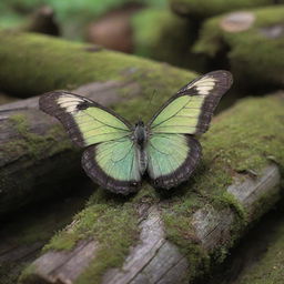 A mystical butterfly with ethereal wings, nestled among aged, moss covered logs, radiating an aura of serenity and wisdom.