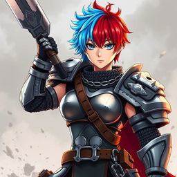 An agender human fighter with striking short hair that is a vibrant blend of fire red and ice blue, wielding an enormous buster sword raised triumphantly