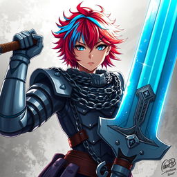 An agender human fighter with striking short hair that is a vibrant blend of fire red and ice blue, wielding an enormous buster sword raised triumphantly