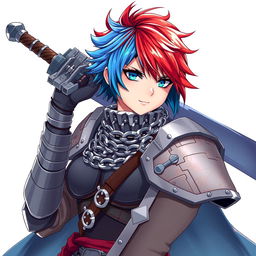 An agender human fighter with striking short hair showcasing a vivid combination of fire red and ice blue tones