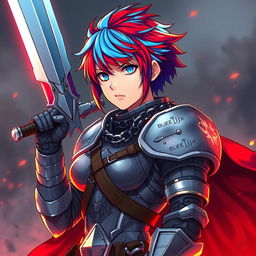 An agender human fighter with striking short hair showcasing a vivid combination of fire red and ice blue tones