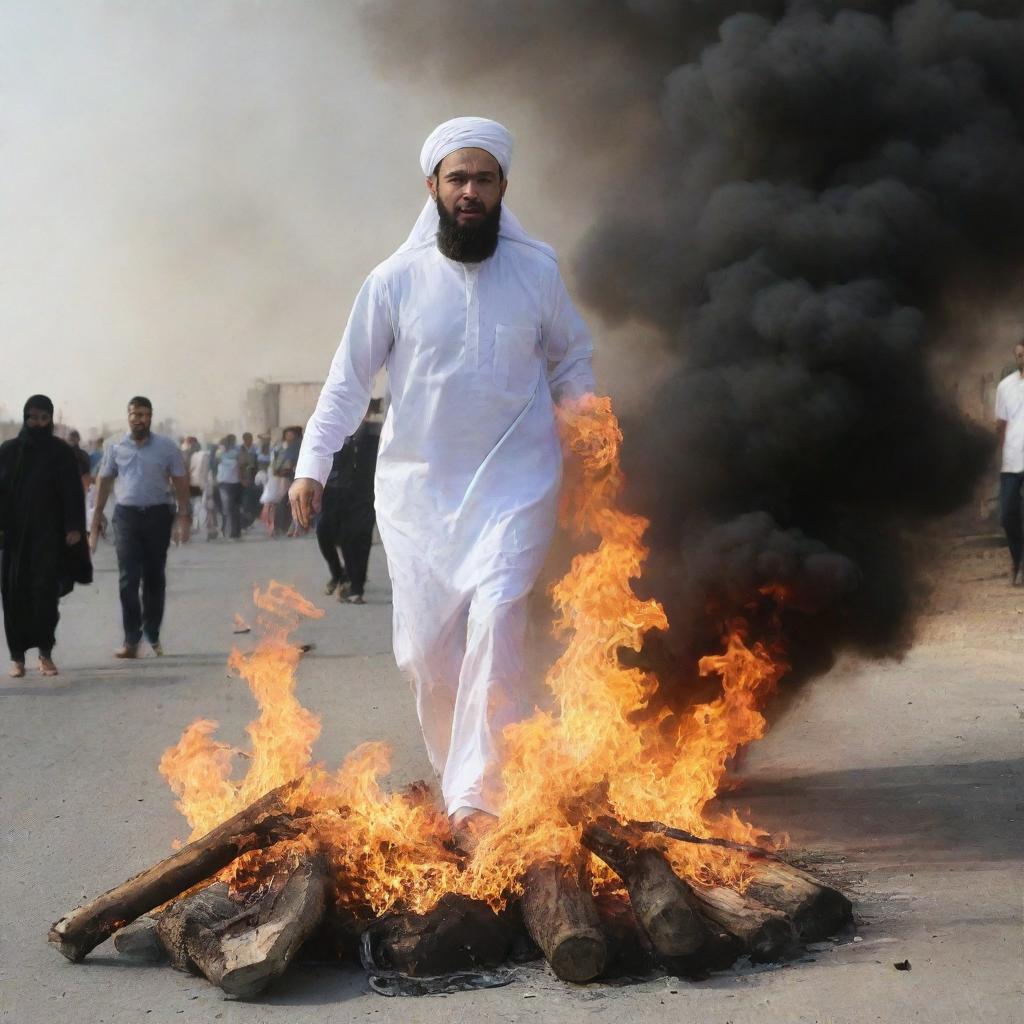 The people drag Prophet Ibrahim and attempt to burn him in a large fire