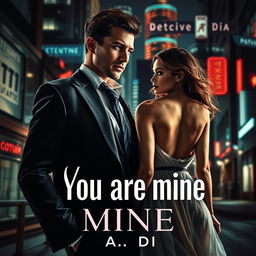 An alluring book cover in the dark romance style, depicting a wealthy, dominant man and a defenseless woman within a thrilling night-time urban environment