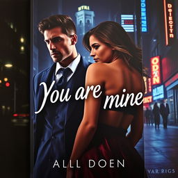 An alluring book cover in the dark romance style, depicting a wealthy, dominant man and a defenseless woman within a thrilling night-time urban environment