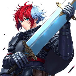 An agender human fighter characterized by short hair blending fire red and ice blue, wielding an enormous buster sword raised dramatically