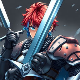 An agender human fighter characterized by short hair blending fire red and ice blue, wielding an enormous buster sword raised dramatically