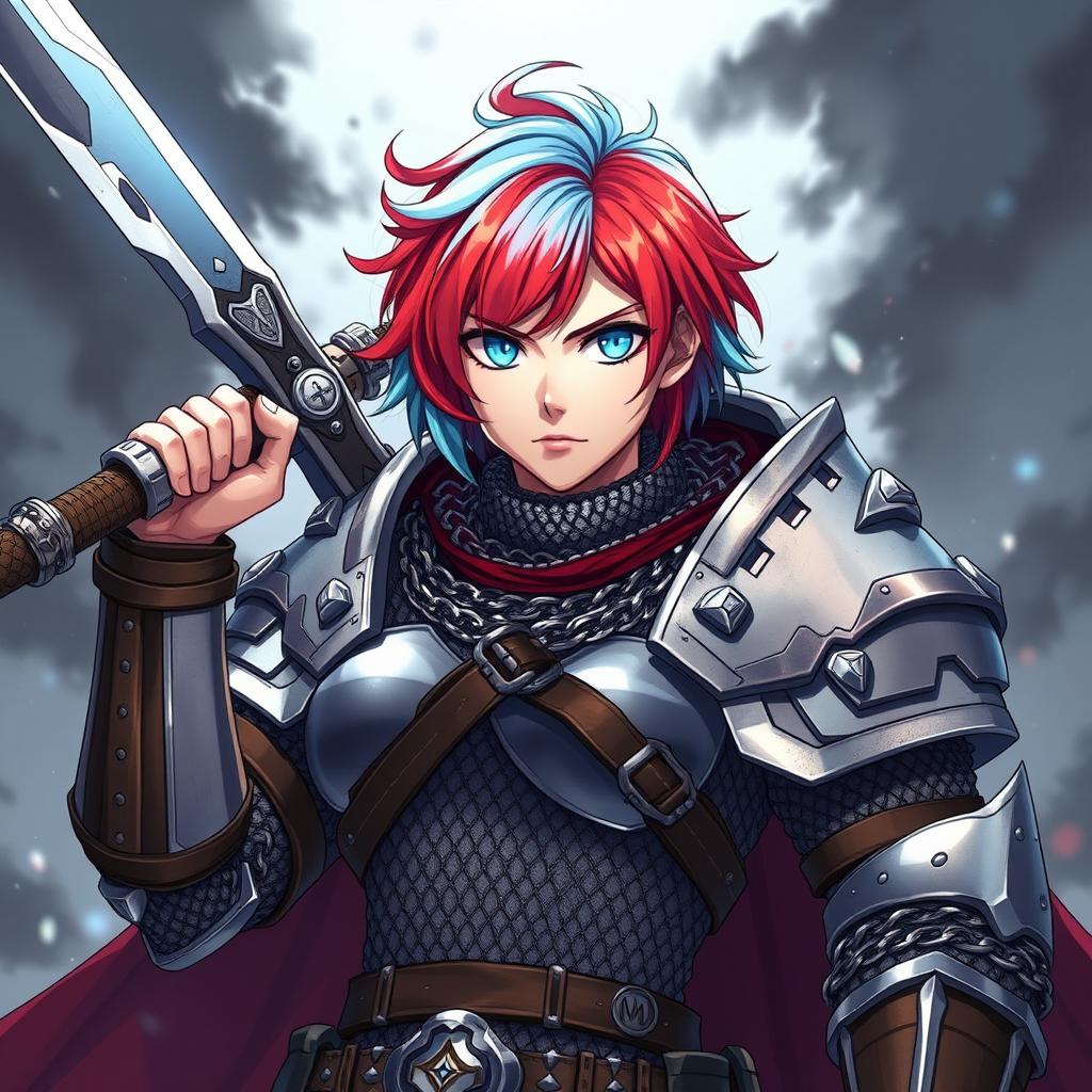 An agender human fighter characterized by short hair blending fire red and ice blue, wielding an enormous buster sword raised dramatically