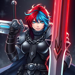 An agender human fighter characterized by short hair blending fire red and ice blue, wielding an enormous buster sword raised dramatically