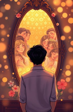 A vibrant and emotional illustration capturing the layered story of rediscovering love through mirrored reflections