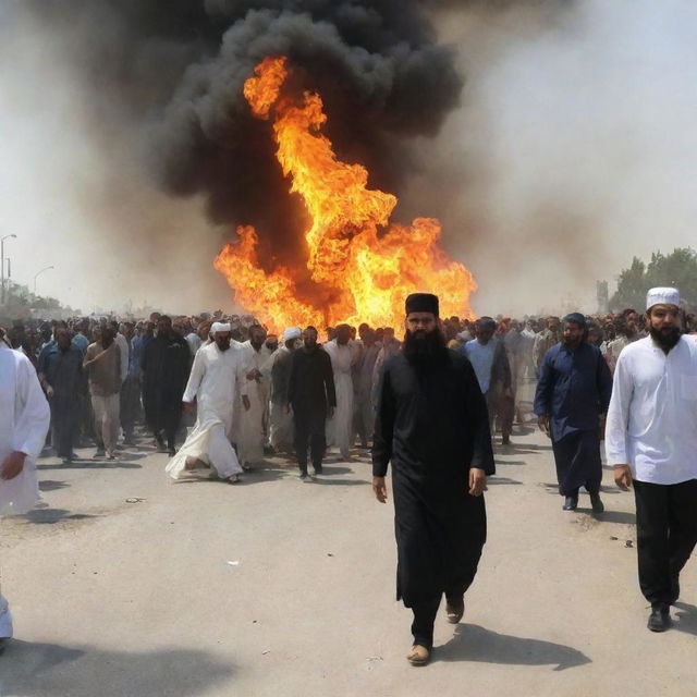 The people drag Prophet Ibrahim and attempt to burn him in a large fire