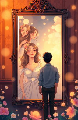 A vibrant and emotional illustration capturing the layered story of rediscovering love through mirrored reflections