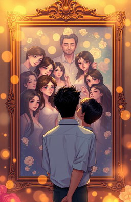 A vibrant and emotional illustration capturing the layered story of rediscovering love through mirrored reflections