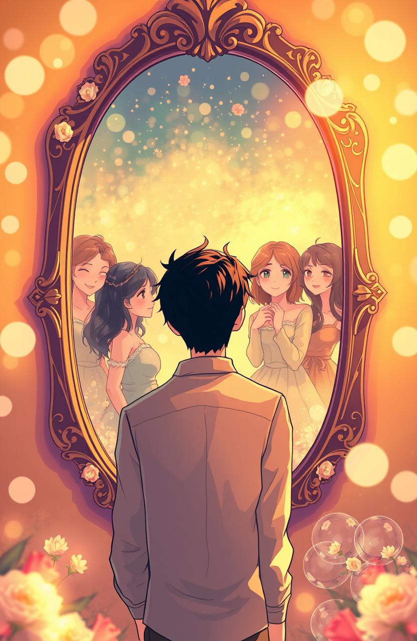 A vibrant and emotional illustration capturing the layered story of rediscovering love through mirrored reflections