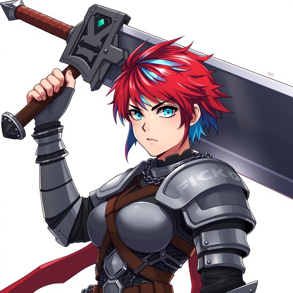 An agender human fighter with striking short hair, featuring a bold mix of fire red and ice blue colors