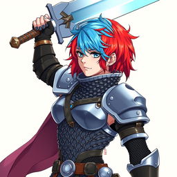 An agender human fighter with striking short hair, featuring a bold mix of fire red and ice blue colors