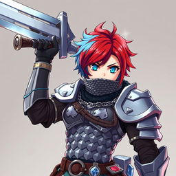 An agender human fighter with striking short hair, featuring a bold mix of fire red and ice blue colors