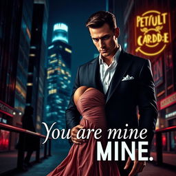 An eye-catching book cover in the dark romance style, featuring a wealthy, dominant man and a defenseless woman surrounded by a night-time urban setting