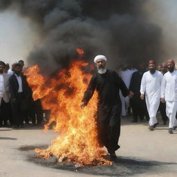 The people drag Prophet Ibrahim and attempt to burn him in a large fire