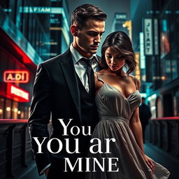 An eye-catching book cover in the dark romance style, featuring a wealthy, dominant man and a defenseless woman surrounded by a night-time urban setting