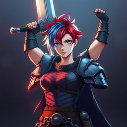 An agender human fighter with striking short hair that showcases a unique blend of fire red and ice blue