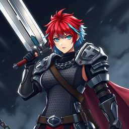 An agender human fighter with striking short hair that showcases a unique blend of fire red and ice blue