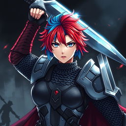 An agender human fighter with striking short hair that showcases a unique blend of fire red and ice blue