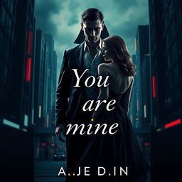 An evocative book cover in the dark romance genre, featuring a wealthy, dominant man and a defenseless woman set against a backdrop of a menacing night-time city