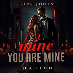 An evocative book cover in the dark romance genre, featuring a wealthy, dominant man and a defenseless woman set against a backdrop of a menacing night-time city