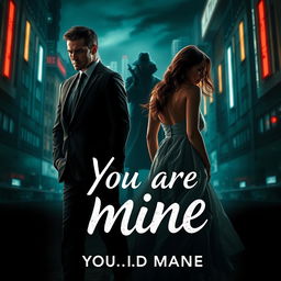 An evocative book cover in the dark romance genre, featuring a wealthy, dominant man and a defenseless woman set against a backdrop of a menacing night-time city