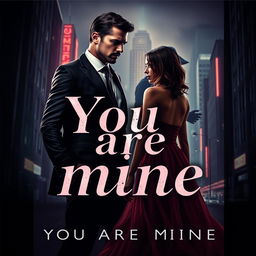 An evocative book cover in the dark romance genre, featuring a wealthy, dominant man and a defenseless woman set against a backdrop of a menacing night-time city