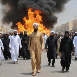 The people drag Prophet Ibrahim and attempt to burn him in a large fire