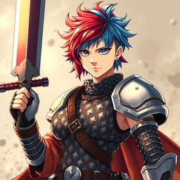 An androgynous human fighter with striking short hair that features a captivating mix of fire red and ice blue