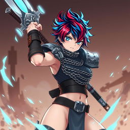 An androgynous human fighter with striking short hair that features a captivating mix of fire red and ice blue