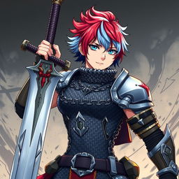 An androgynous human fighter with striking short hair that features a captivating mix of fire red and ice blue