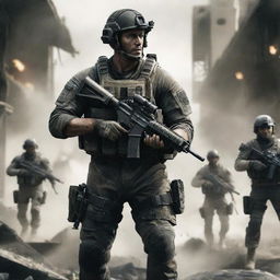 A Call of Duty scene eight years into the future showcasing new-age weapons, advanced soldier gear, and a technologically advanced warzone.