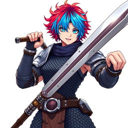 An androgynous human fighter with striking short hair that combines vibrant fire red and ice blue hues