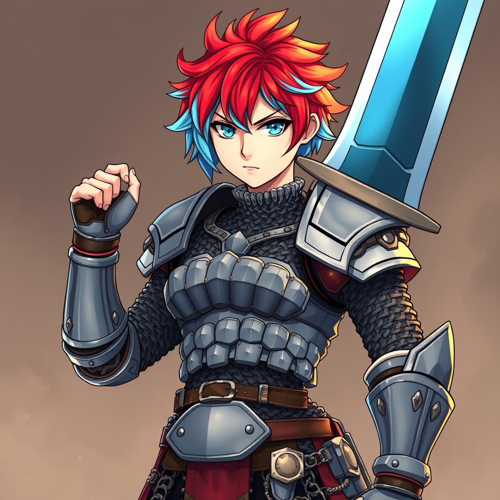 An androgynous human fighter with striking short hair that combines vibrant fire red and ice blue hues