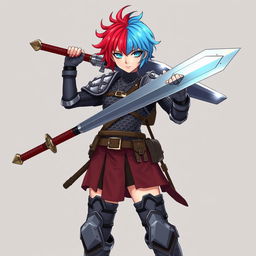 An androgynous human fighter with striking short hair that combines vibrant fire red and ice blue hues