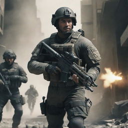 A Call of Duty scene eight years into the future showcasing new-age weapons, advanced soldier gear, and a technologically advanced warzone.