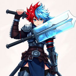 An androgynous human fighter with striking short hair that creatively blends fire red and ice blue