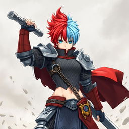 An androgynous human fighter with striking short hair that creatively blends fire red and ice blue