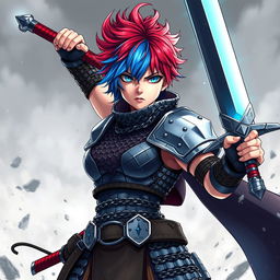 An androgynous human fighter with striking short hair that creatively blends fire red and ice blue