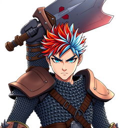 An androgynous human fighter with striking short hair that blends fiery red and cool ice blue tones