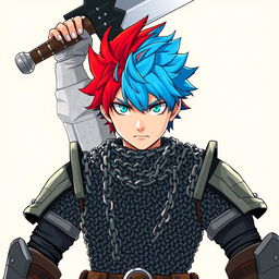 An androgynous human fighter with striking short hair that blends fiery red and cool ice blue tones