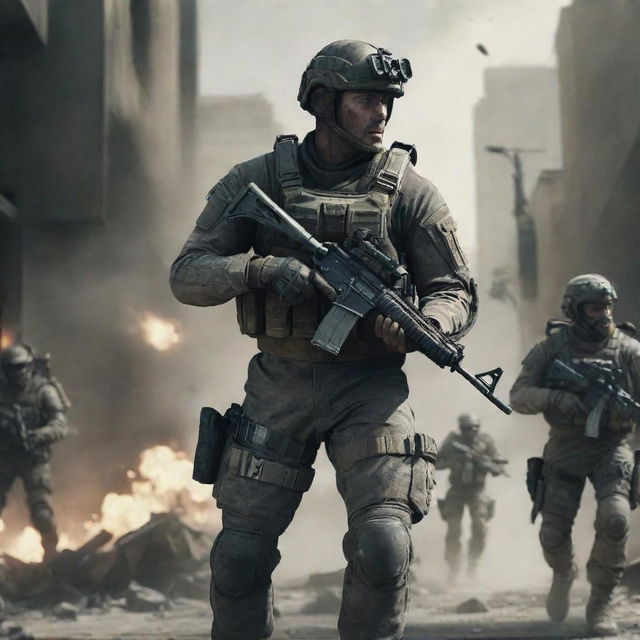 A Call of Duty scene eight years into the future showcasing new-age weapons, advanced soldier gear, and a technologically advanced warzone.