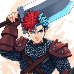 An androgynous human fighter with striking short hair that blends fiery red and cool ice blue tones